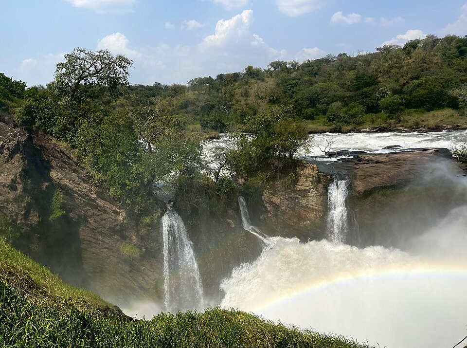 Waterfall spray and a rainbow at Murchison Falls.