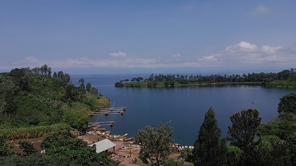 A shoreline view of Lake Kivu in western Rwanda.