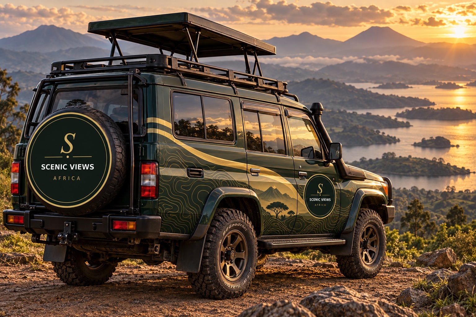 Scenic Views Africa branded safari four-wheel-drive vehicle overlooking Uganda's highland lakes