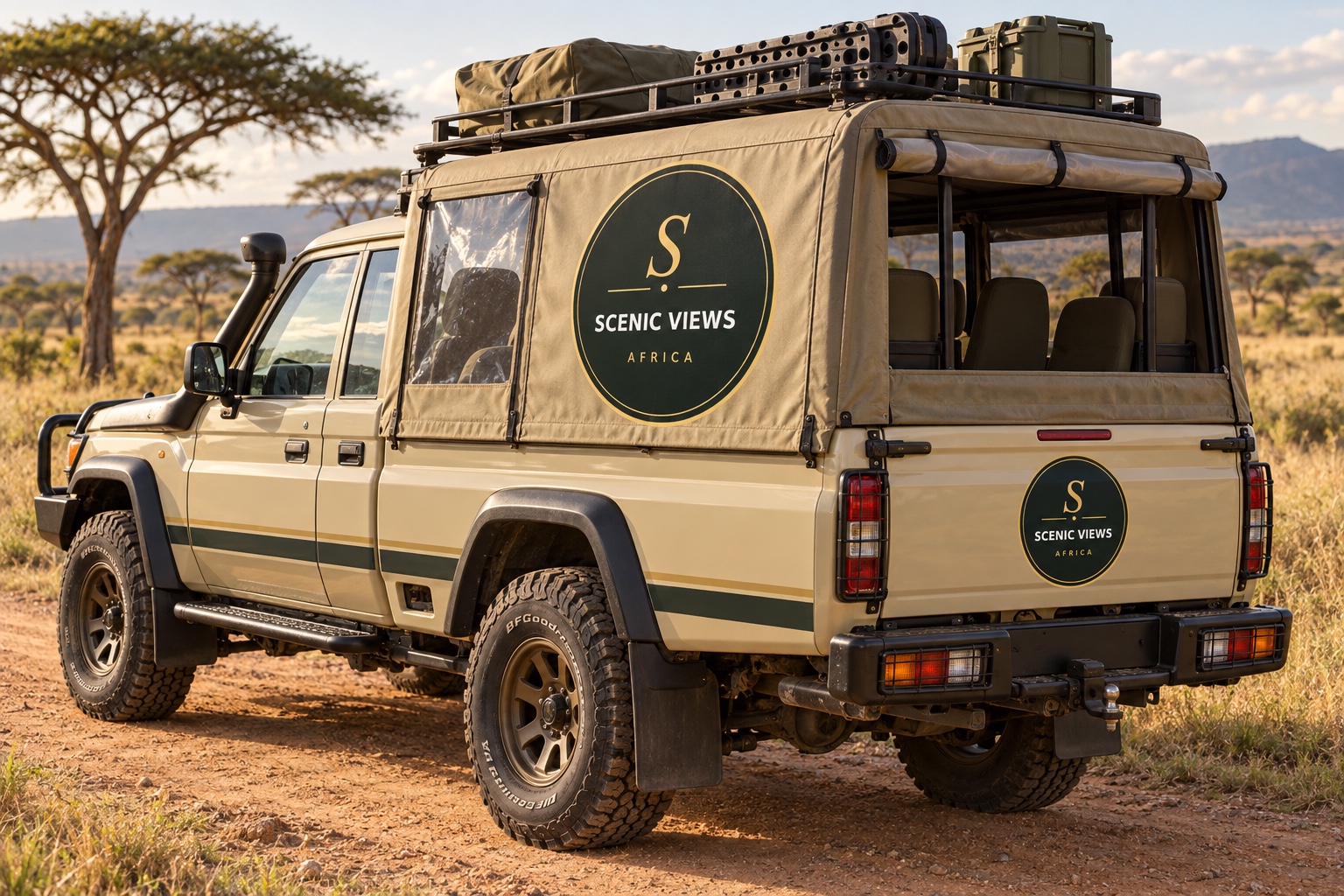 Open-sided Scenic Views Africa safari vehicle prepared for a game drive